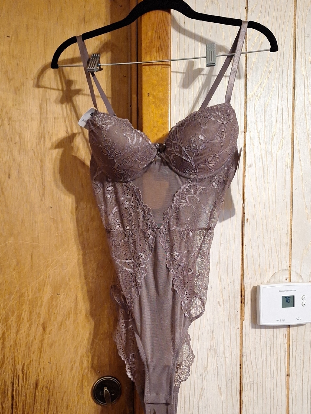 Sheer Lace Trim Chemise Bodysuit - Lilac